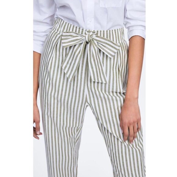 Zara Green Striped Trousers Pants With Tie Belt S - Picture 4 of 9